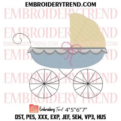 Baby Carriage Embroidery Design, Bow Baby Girl Pram Machine Embroidery Digitized Pes Files