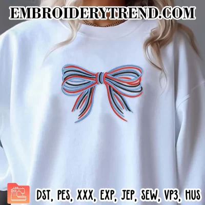 Patriotic Striped Bow Embroidery Design, 4th of July Machine Embroidery Digitized Pes Files