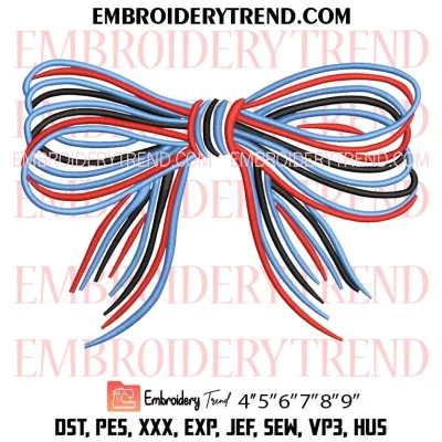 Patriotic Striped Bow Embroidery Design, 4th of July Machine Embroidery Digitized Pes Files