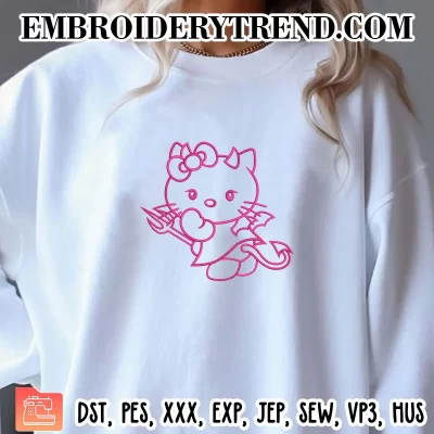 Pattern Hello Kitty Devil Embroidery Design, Halloween Devil Kitty Cute Machine Embroidery Digitized Pes Files