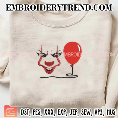 Pennywise Face Balloon Embroidery Design, Halloween Horror Machine Embroidery Digitized Pes Files