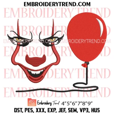 Pennywise Face Balloon Embroidery Design, Halloween Horror Machine Embroidery Digitized Pes Files