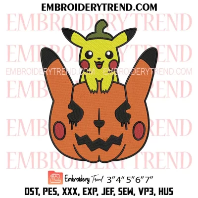 Pikachu Pumpkin Halloween Embroidery Design, Pokemon Halloween Machine Embroidery Digitized Pes Files