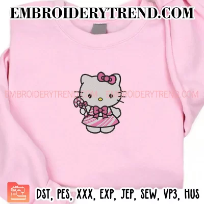 Pink Peppermint Hello Kitty Embroidery Design, Kitty Cute Girls Machine Embroidery Digitized Pes Files