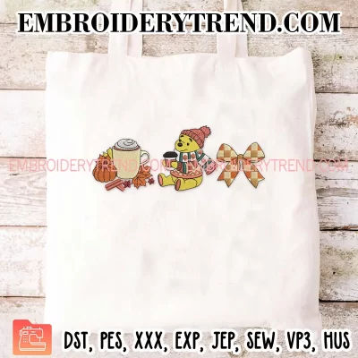 Pooh Fall Coffee Bow Embroidery Design, Winnie the Pooh Fall Machine Embroidery Digitized Pes Files