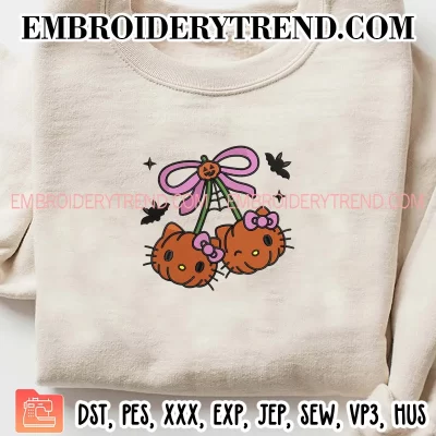 Pumpkin Cherry Hello Kitty Embroidery Design, Cute Kitty Halloween Machine Embroidery Digitized Pes Files