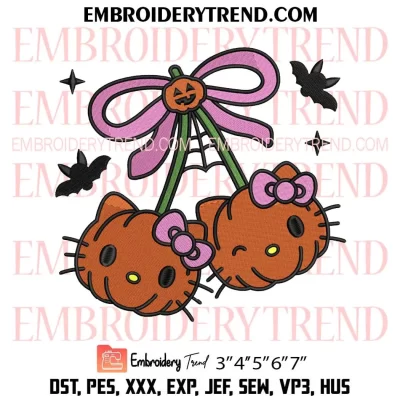 Pumpkin Cherry Hello Kitty Embroidery Design, Cute Kitty Halloween Machine Embroidery Digitized Pes Files