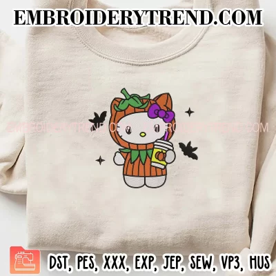 Pumpkin Hello Kitty Spice Latte Embroidery Design, Cute Kitty Halloween Machine Embroidery Digitized Pes Files