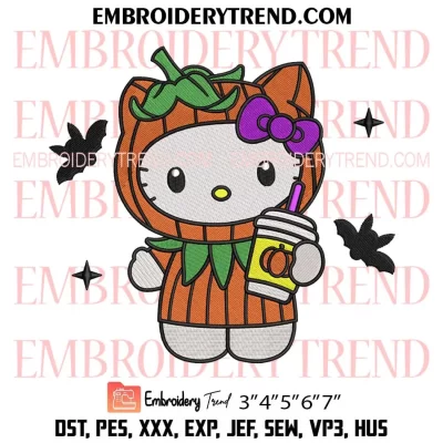 Pumpkin Hello Kitty Spice Latte Embroidery Design, Cute Kitty Halloween Machine Embroidery Digitized Pes Files