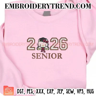 Senior 2026 Kitty Embroidery Design, Kitty Graduate Machine Embroidery Digitized Pes