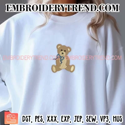 Teddy Bear with Ribbon Bow Embroidery Design, Cute Bear Machine Embroidery Digitized Pes