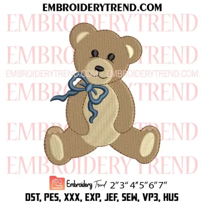 Teddy Bear with Ribbon Bow Embroidery Design, Cute Bear Machine Embroidery Digitized Pes