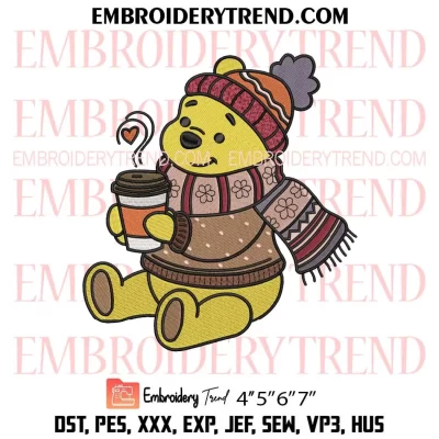 Winnie The Pooh Coffee Embroidery Design, Cute Cartoon Machine Embroidery Digitized Pes Files