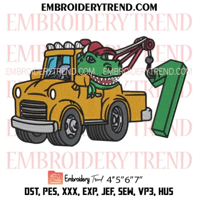 1th Birthday Tow Truck Dinosaur Embroidery Design, One Year Old Kids Birthday Machine Embroidery Digitized Pes Files