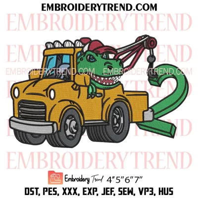 2th Birthday Tow Truck Dinosaur Embroidery Design, Two Year Old Kids Birthday Machine Embroidery Digitized Pes Files