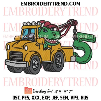 5th Birthday Tow Truck Dinosaur Embroidery Design, Five Year Old Kids Birthday Machine Embroidery Digitized Pes Files