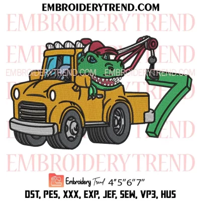 7th Birthday Tow Truck Dinosaur Embroidery Design, Seven Year Old Kids Birthday Machine Embroidery Digitized Pes Files