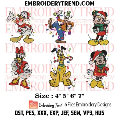 Bundle Characters Disney Lights Christmas Embroidery Design, Friends Mickey Christmas Machine Embroidery Digitized Pes Files