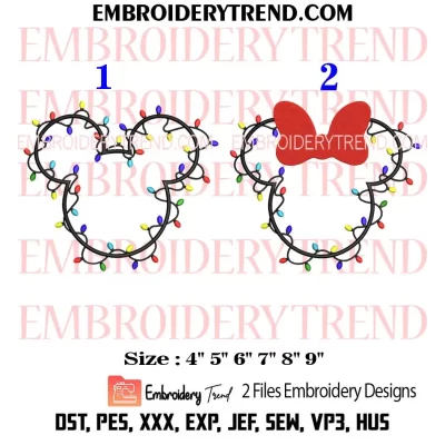 Bundle Christmas Lights Mickey Minnie Head Embroidery Design, Couple Disney Christmas Machine Embroidery Digitized Pes Files