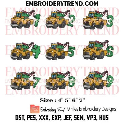 Bundle Kids Birthday Tow Truck Dinosaur Embroidery Design, Kids Birthday Gift Machine Embroidery Digitized Pes Files