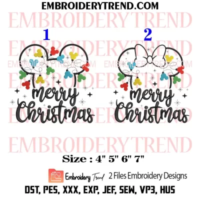 Bundle Merry Christmas Lights Mickey Minnie Embroidery Design, Couple Disney Christmas Machine Embroidery Digitized Pes Files