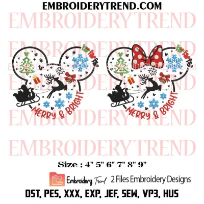 Bundle Merry and Bright Mickey Minnie Embroidery Design, Christmas Couple Mickey Minnie Machine Embroidery Digitized Pes Files