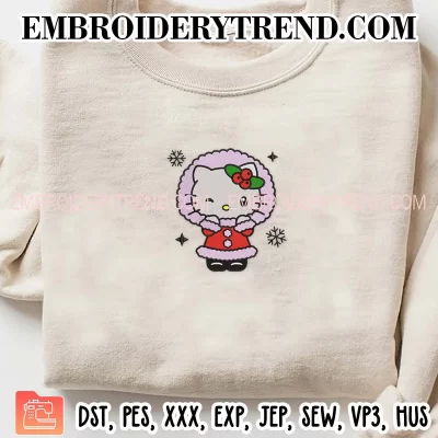 Christmas Hello Kitty Embroidery Design, Cute Kitty Machine Embroidery Digitized Pes Files