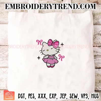 Coquette Bow Hello Kitty Embroidery Design, Cute Hello Kitty Gift for Girl Machine Embroidery Digitized Pes Files