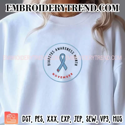 Diabetes Awareness Month November Embroidery Design, Blue Ribbon Diabetes Machine Embroidery Digitized Pes Files