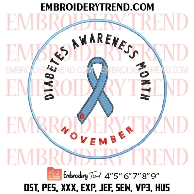 Diabetes Awareness Month November Embroidery Design, Blue Ribbon Diabetes Machine Embroidery Digitized Pes Files