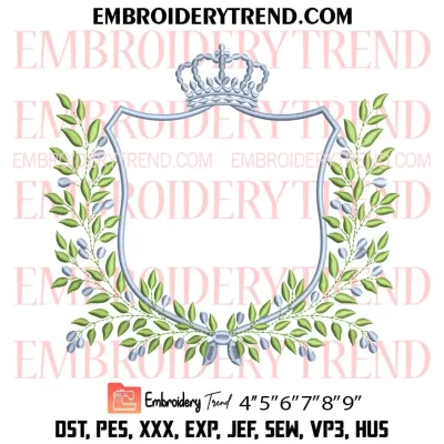 Floral Leaf With Crown Monogram Frame Embroidery Design, Frame Banner Machine Embroidery Digitized Pes Files