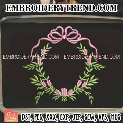 Floral Leaf with Bow Frame Banner Embroidery Design, Frame Monogram Machine Embroidery Digitized Pes Files