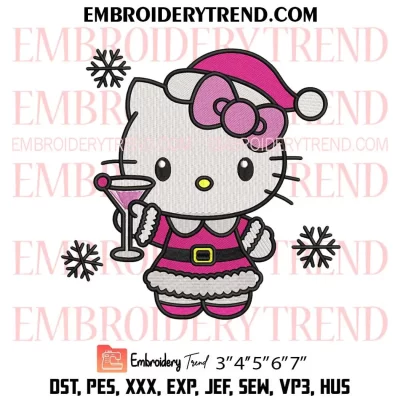 Hello Kitty Cocktail Christmas Embroidery Design, Christmas Party Machine Embroidery Digitized Pes Files