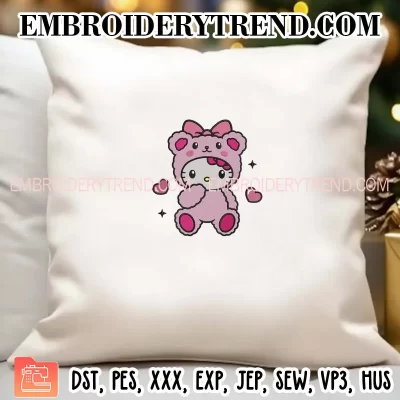 Hello Kitty Teddy Bear Embroidery Design, Cute Kitty Sanrio Machine Embroidery Digitized Pes Files