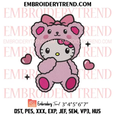 Hello Kitty Teddy Bear Embroidery Design, Cute Kitty Sanrio Machine Embroidery Digitized Pes Files