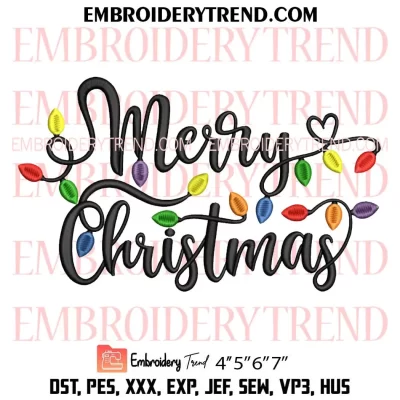 Merry Christmas Lights Embroidery Design, Christmas Machine Embroidery Digitized Pes Files