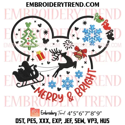 Merry and Bright Christmas Head Mickey Embroidery Design, Disney Christmas Machine Embroidery Digitized Pes Files