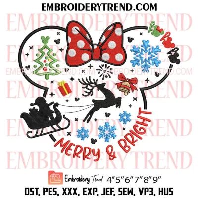 Merry and Bright Christmas Head Minnie Embroidery Design, Disney Christmas Machine Embroidery Digitized Pes Files