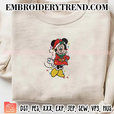 Minnie Mouse Christmas Lights Embroidery Design, Santa Minnie Disney Machine Embroidery Digitized Pes Files