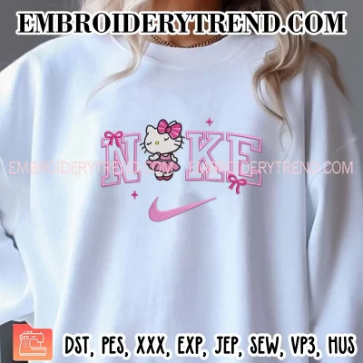 Nike Coquette Bow Hello Kitty Embroidery Design, Cute Kitty Valentine Machine Embroidery Digitized Pes Files