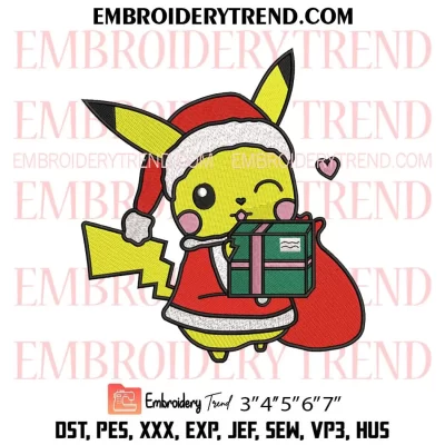 Pikachu with Gifts Box Christmas Embroidery Design, Cute Pikachu Santa Machine Embroidery Digitized Pes Files