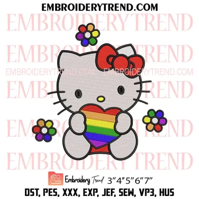 Pride Hello Kitty Embroidery Design, Kitty Heart LGBT Machine Embroidery Digitized Pes Files