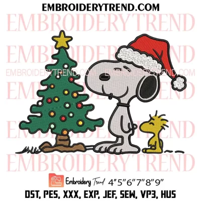 Snoopy Woodstock Christmas Tree Embroidery Design, Merry Christmas Peanuts Machine Embroidery Digitized Pes Files