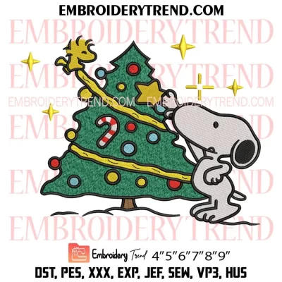 Snoopy and Woodstock Decorating Christmas Tree Embroidery Design, Peanuts Xmas Machine Embroidery Digitized Pes Files