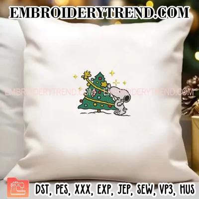 Snoopy and Woodstock Decorating Christmas Tree Embroidery Design, Peanuts Xmas Machine Embroidery Digitized Pes Files