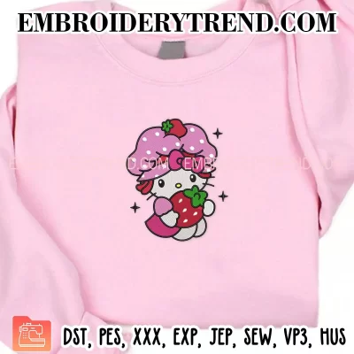 Strawberry Shortcake Hello Kitty Embroidery Design, Cute Strawberry Kitty Girl Machine Embroidery Digitized Pes Files