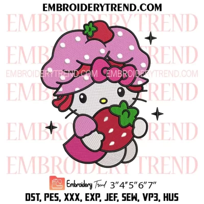 Strawberry Shortcake Hello Kitty Embroidery Design, Cute Strawberry Kitty Girl Machine Embroidery Digitized Pes Files