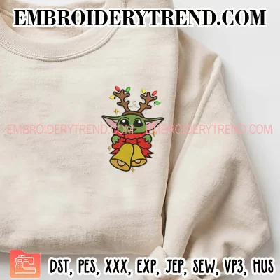 Baby Yoda Reindeer Christmas Embroidery Design, Baby Yoda and Christmas Bells Machine Embroidery Digitized Pes Files