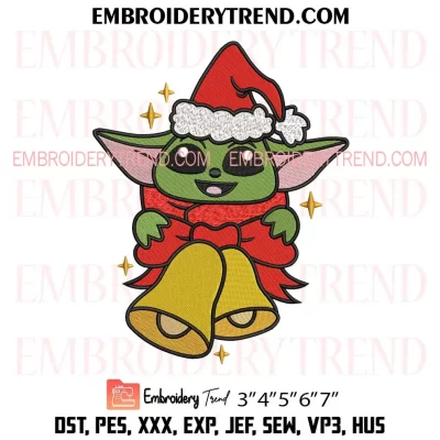 Baby Yoda Santa Claus Embroidery Design, Baby Yoda Christmas Bells Machine Embroidery Digitized Pes Files