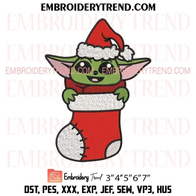 Baby Yoda in Stocking Christmas Embroidery Design, Baby Yoda Santa Claus Machine Embroidery Digitized Pes Files